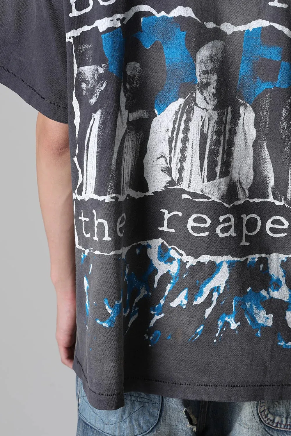 SAINT MICHAEL SS TEE/B FOR REAPER Jesus Hell's Angels Washed and Distressed Short Sleeves Washed Black S-XL Garment Dyed Printed Washed and Distressed
